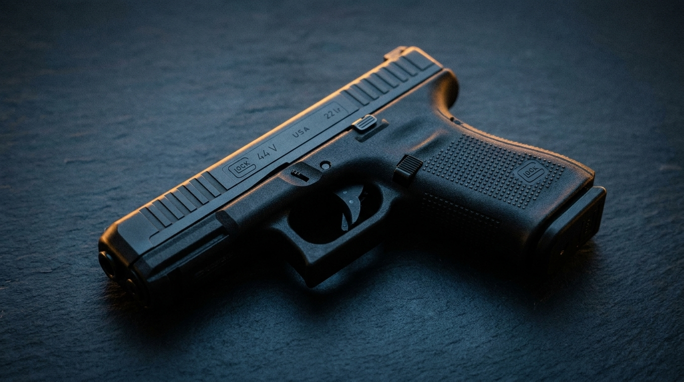 Glock 44 Review (2026): The .22 That Shoots Like a Glock 19 1 Black Glock 44 .22 LR pistol on dark slate in moody light