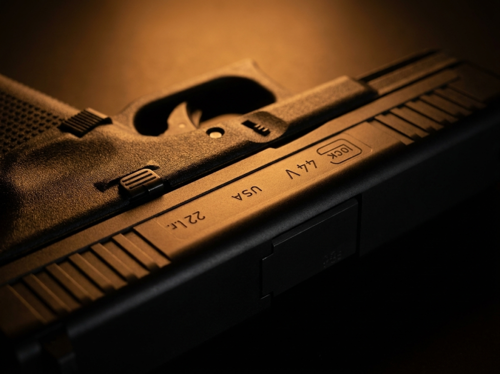 Glock 44 Review (2026): The .22 That Shoots Like a Glock 19 5 Macro of the Glock 44 slide markings and ejection port over the stippled grip