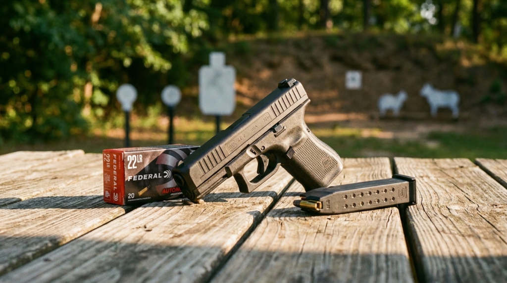 Glock 44 Review (2026): The .22 That Shoots Like a Glock 19 2 Glock 44 .22 pistol on a picnic table at a backyard range with a Federal .22 box and steel targets