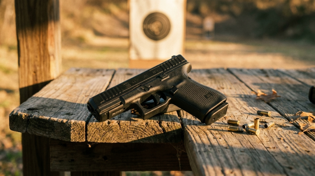 Glock 44 Review (2026): The .22 That Shoots Like a Glock 19 3 Glock 44 on a wooden shooting bench with a bullseye target downrange and .22 brass