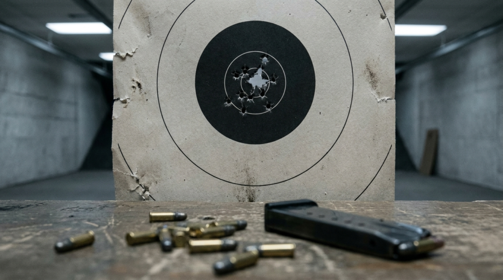 Glock 44 Review (2026): The .22 That Shoots Like a Glock 19 6 Bullseye target with a tight .22 cluster, brass and a magazine on an indoor range bench