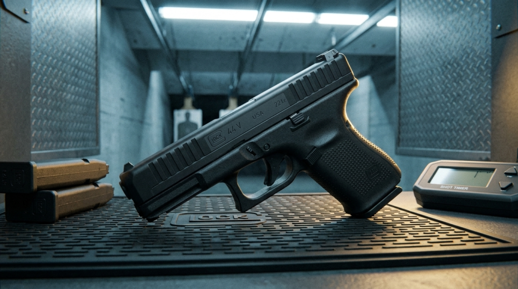 Glock 44 Review (2026): The .22 That Shoots Like a Glock 19 4 Glock 44 on a Glock mat in an indoor range stall with spare magazines and a shot timer