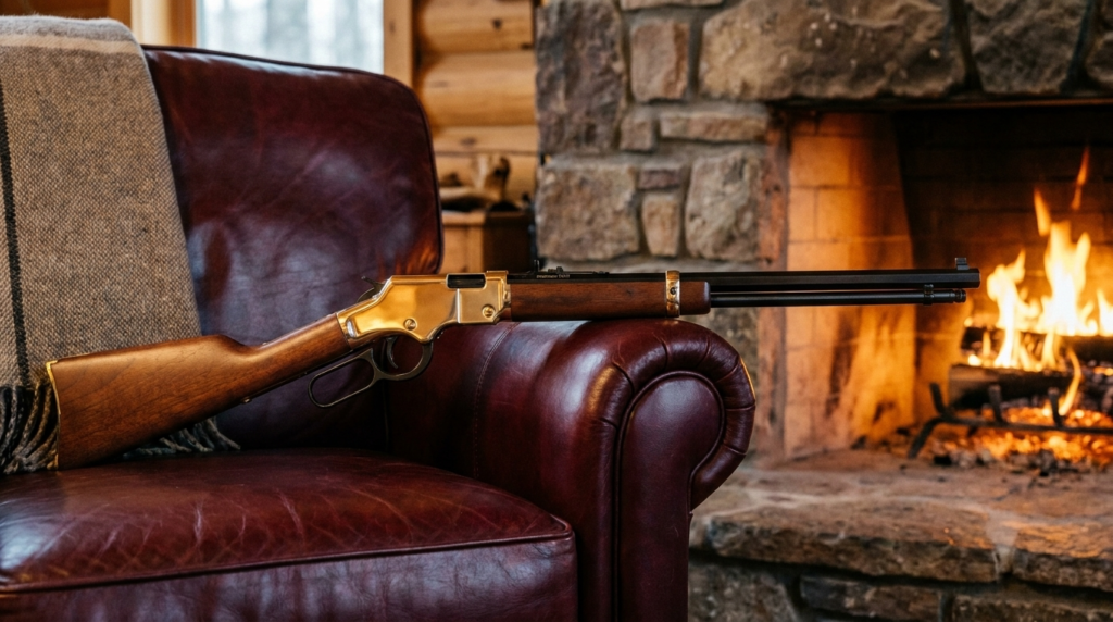 Henry Golden Boy Review (2026): The Heirloom .22, Tested 2 Henry Golden Boy .22 on a leather chair beside a stone fireplace, brass receiver glowing