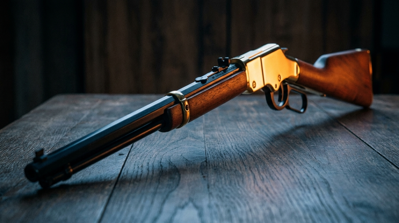 Henry Golden Boy lever-action .22 with brass receiver and walnut stock on dark oak in moody light