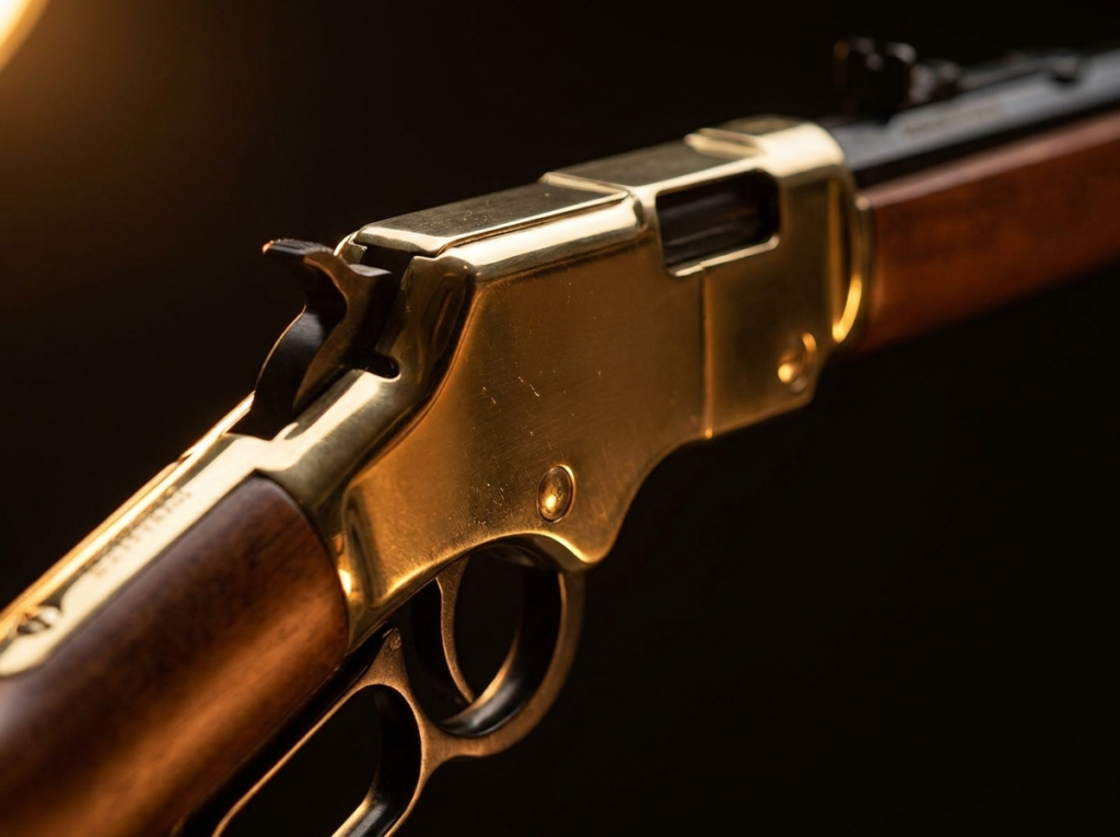 Henry Golden Boy Review (2026): The Heirloom .22, Tested 5 Macro of the polished brass Brasslite receiver, lever and hammer on the Henry Golden Boy