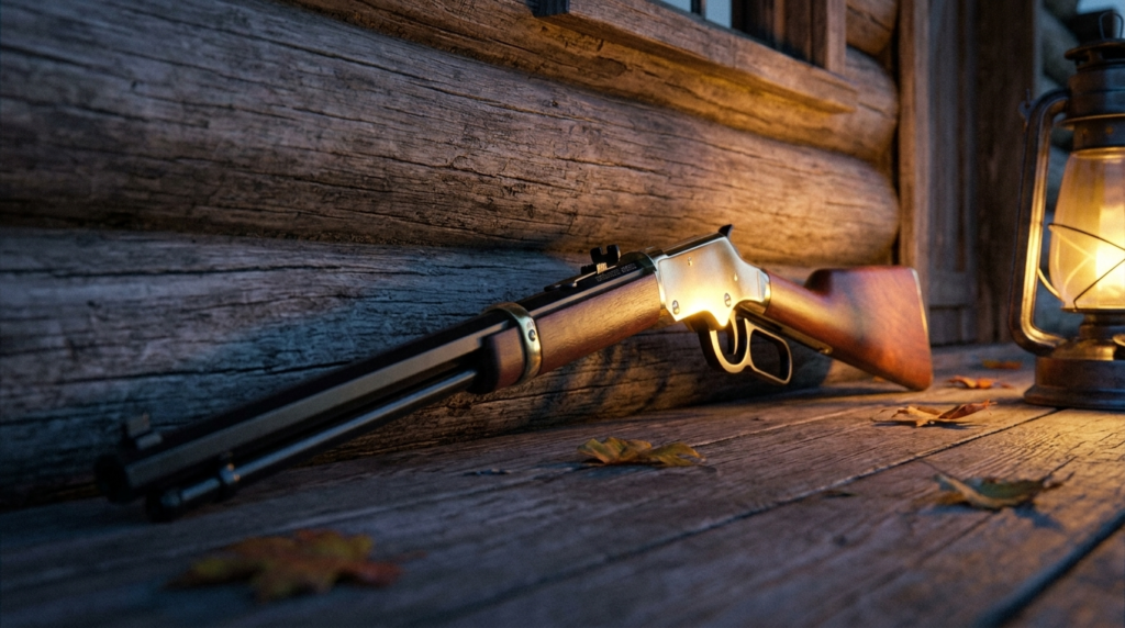 Henry Golden Boy Review (2026): The Heirloom .22, Tested 4 Henry Golden Boy leaning against a log cabin porch at dusk with a lantern
