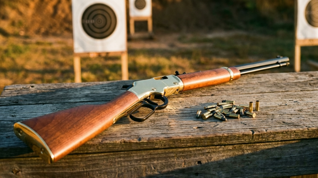 Henry Golden Boy Review (2026): The Heirloom .22, Tested 3 Henry Golden Boy on a wooden range bench with paper targets downrange and .22 cartridges