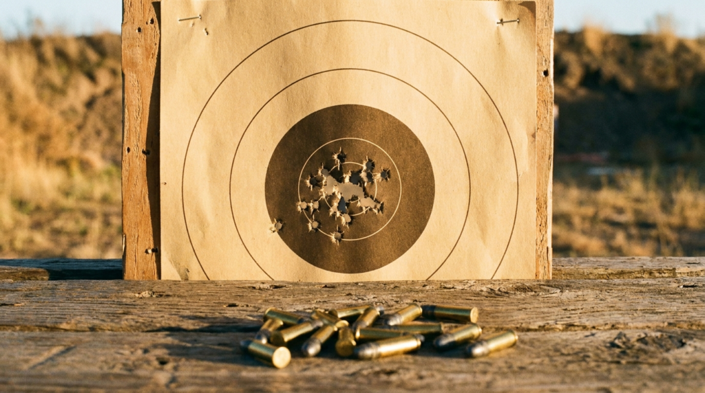 Henry Golden Boy Review (2026): The Heirloom .22, Tested 6 Bullseye target with a tight .22 cluster and cartridges on a range bench