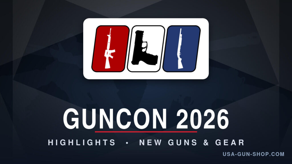 GunCon 2026 highlights featuring the GunCon logo over USA Gun Shop firearm silhouettes