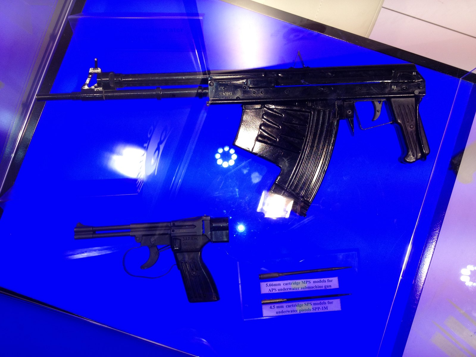 Guns in Extreme Places: From Space to the Deep Sea 2 Soviet APS underwater rifle and SPP-1 pistol with steel flechette darts on display