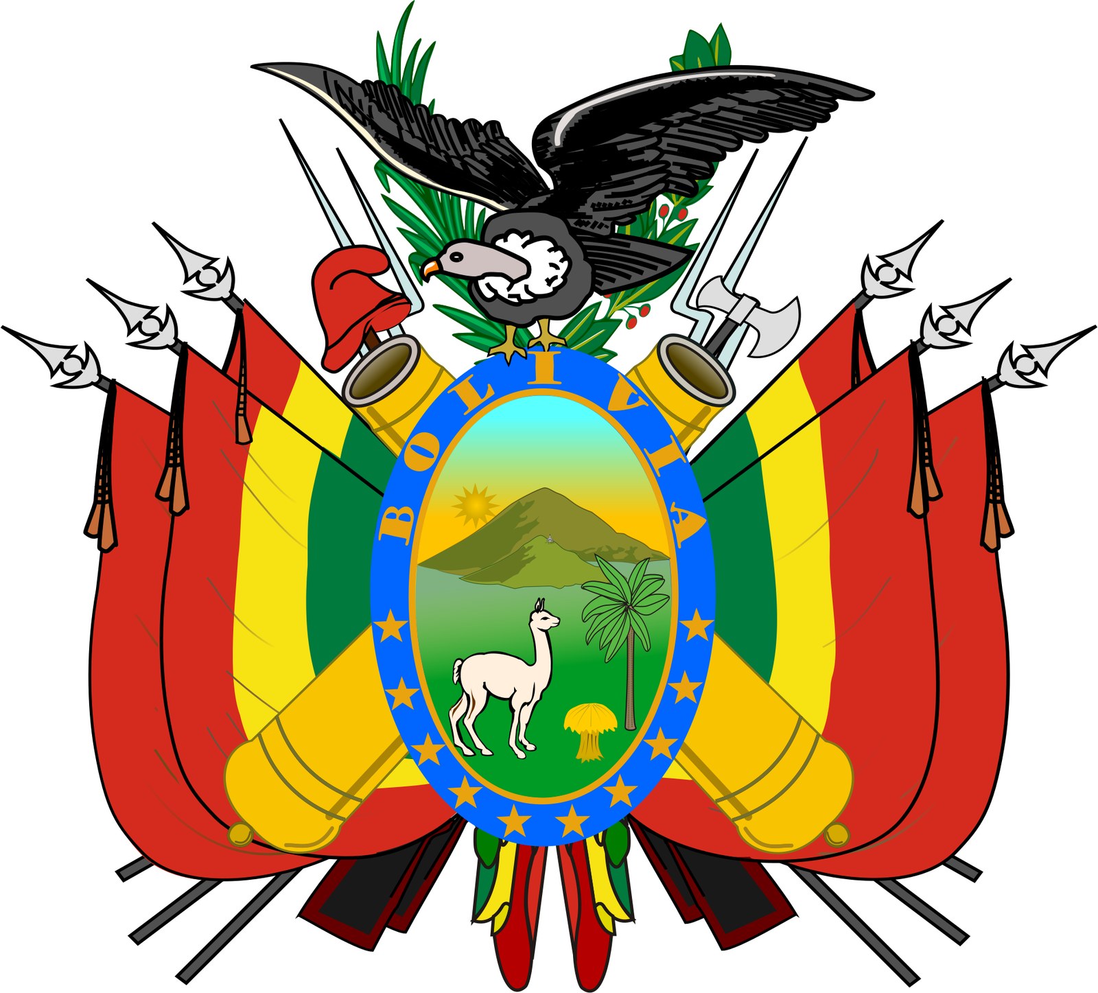 Guns on Flags, Coins and Coats of Arms Around the World 6 The coat of arms of Bolivia with muskets, bayonets and a cannon