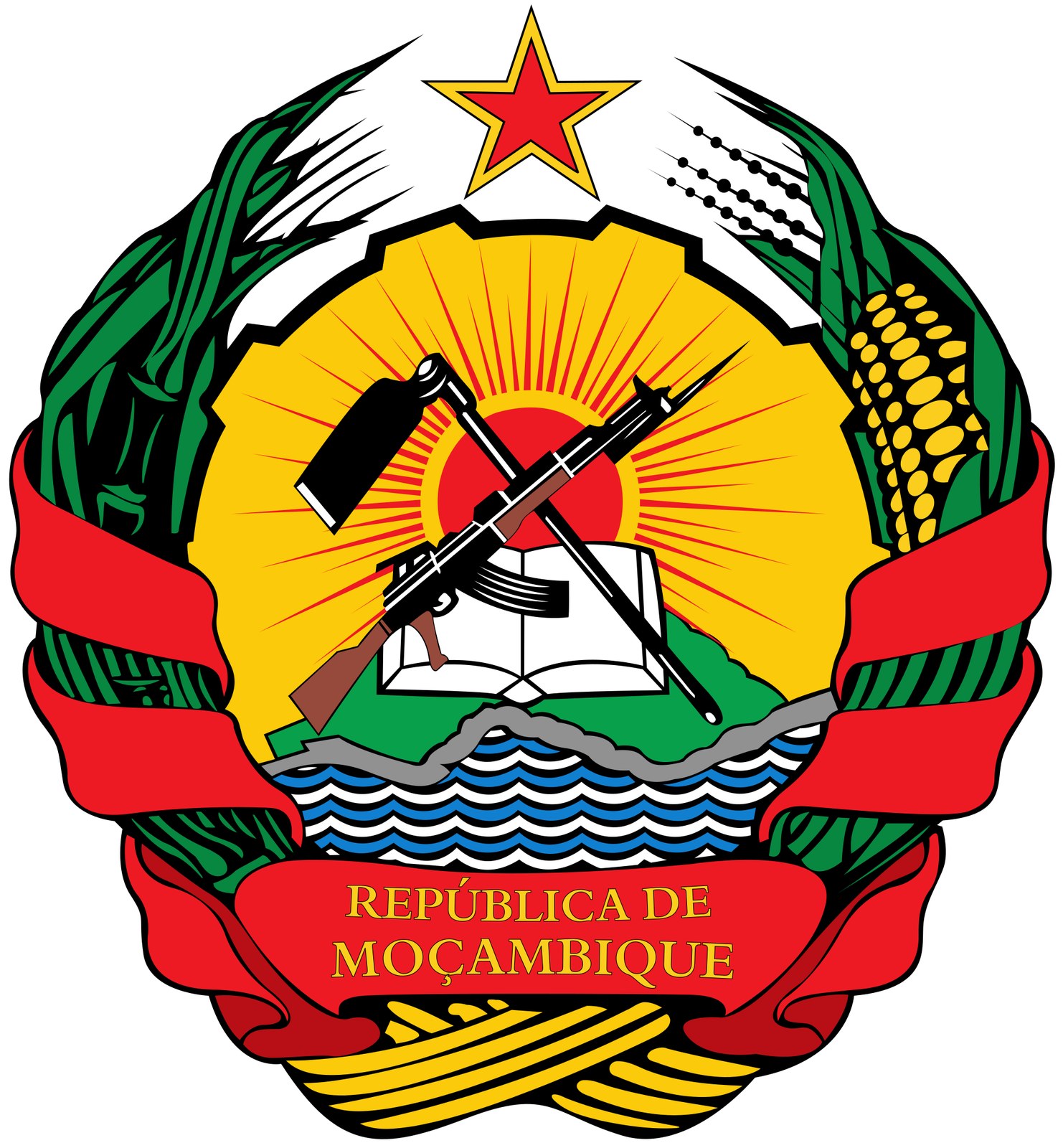 Guns on Flags, Coins and Coats of Arms Around the World 3 The national emblem of Mozambique with an AK-47 crossed with a hoe
