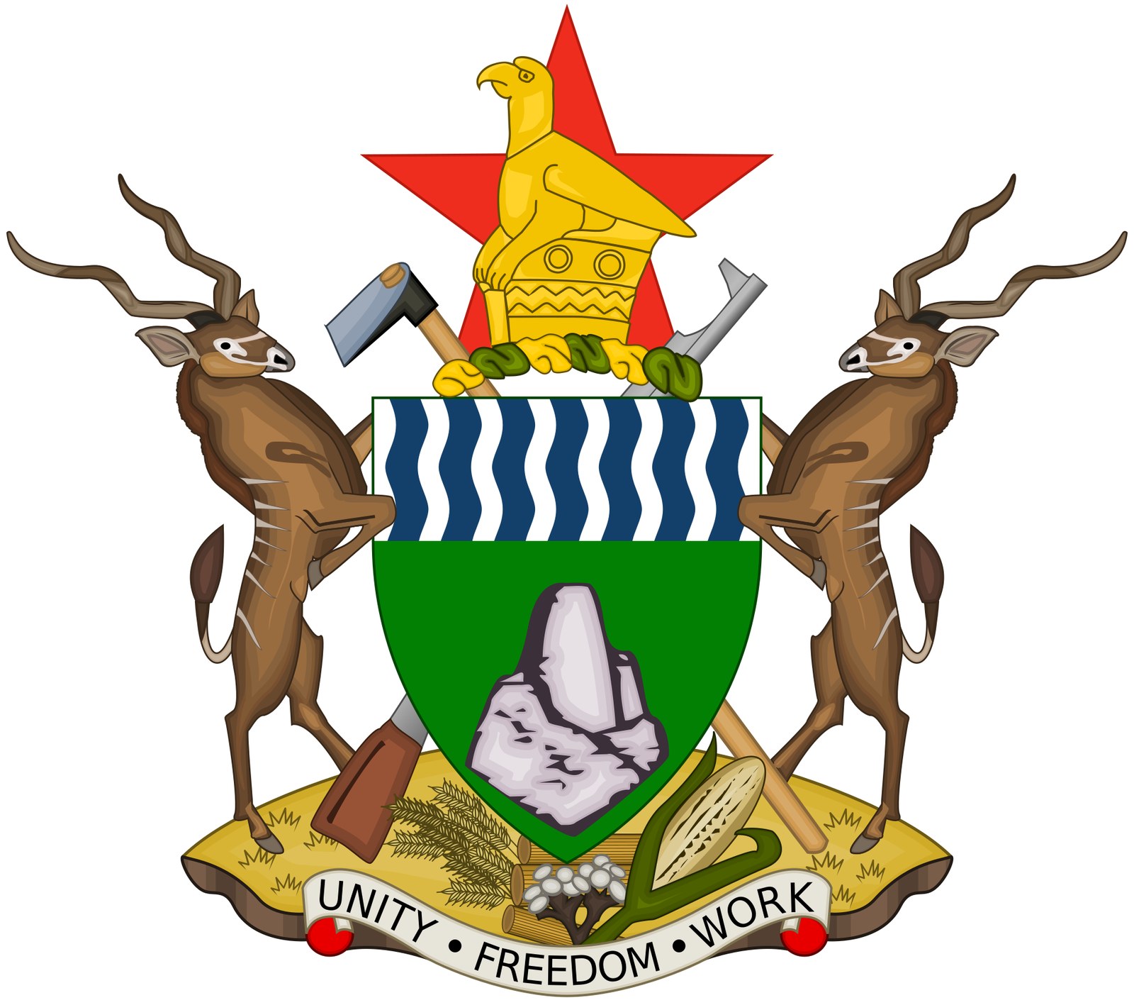Guns on Flags, Coins and Coats of Arms Around the World 7 The coat of arms of Zimbabwe with an AK-47 crossed with a hoe