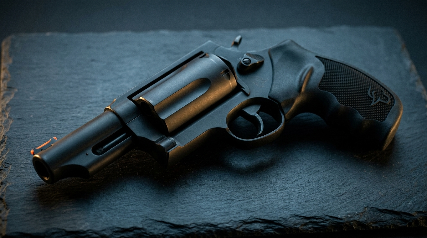 Taurus Judge Review (2026): The .410 Revolver, Honestly Tested 1 Matte black Taurus Judge .45 Colt and .410 revolver on dark slate in moody light