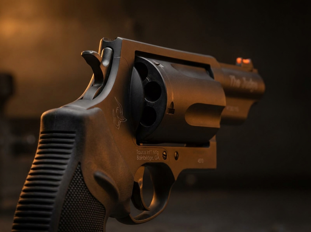 Taurus Judge Review (2026): The .410 Revolver, Honestly Tested 5 Macro of the Taurus Judge cylinder showing the large .410 and .45 Colt chambers and The Judge marking