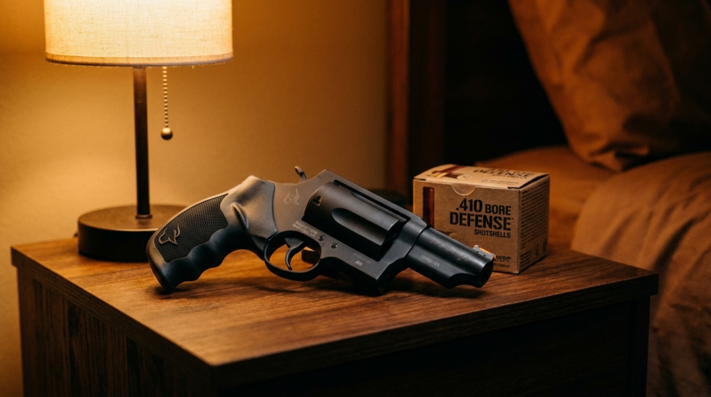 Taurus Judge Review (2026): The .410 Revolver, Honestly Tested 2 Taurus Judge revolver on a nightstand beside a lamp and a box of .410 defense shotshells