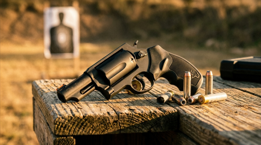 Taurus Judge Review (2026): The .410 Revolver, Honestly Tested 3 Taurus Judge on a wooden range bench with a silhouette target downrange and .45 Colt and .410 ammo