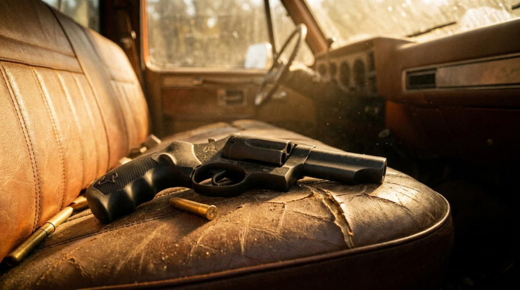 Taurus Judge Review (2026): The .410 Revolver, Honestly Tested 4 Taurus Judge lying on the bench seat of an old pickup truck with .410 shotshells