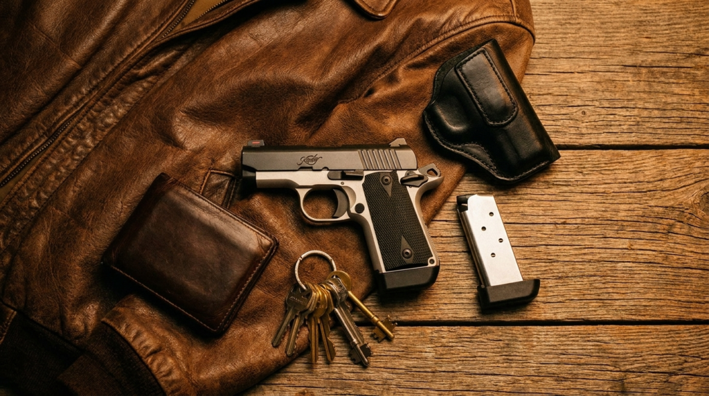 Kimber Micro 9 Review (2026): The Prettiest Pocket 9mm, Tested 2 Kimber Micro 9 with a leather jacket, wallet, keys and pocket holster in an everyday-carry flat-lay