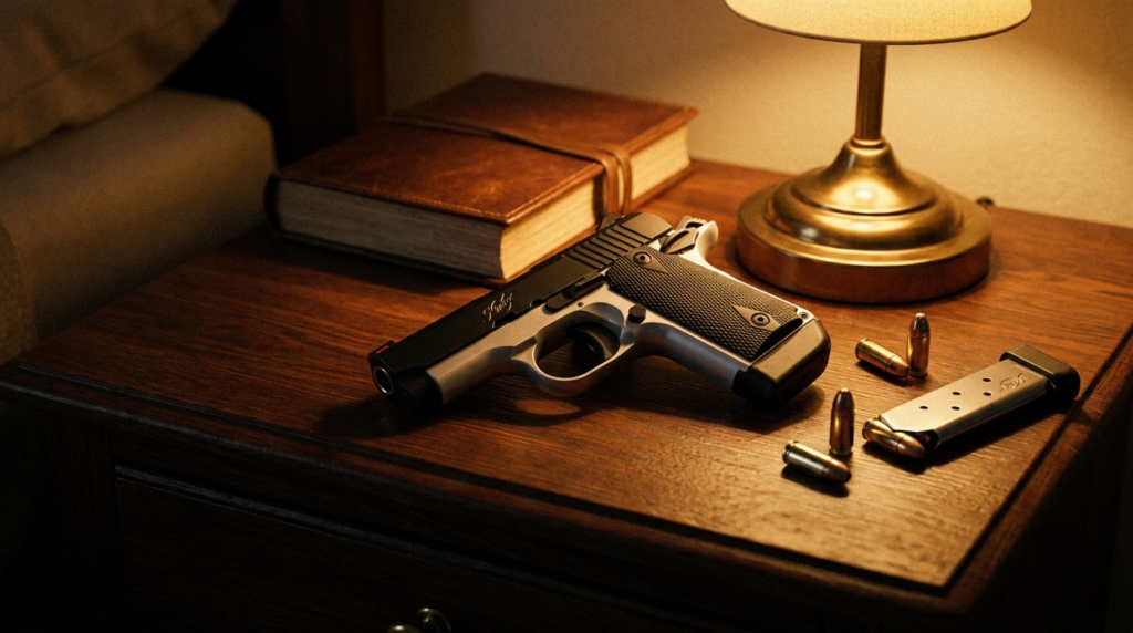 Kimber Micro 9 Review (2026): The Prettiest Pocket 9mm, Tested 4 Kimber Micro 9 on a nightstand beside a lamp and book with a spare magazine and 9mm cartridges
