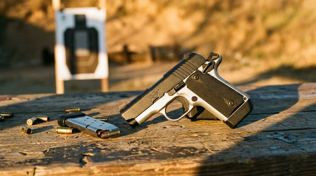 Kimber Micro 9 Review (2026): The Prettiest Pocket 9mm, Tested 3 Kimber Micro 9 on a wooden shooting bench with a silhouette target downrange and 9mm brass