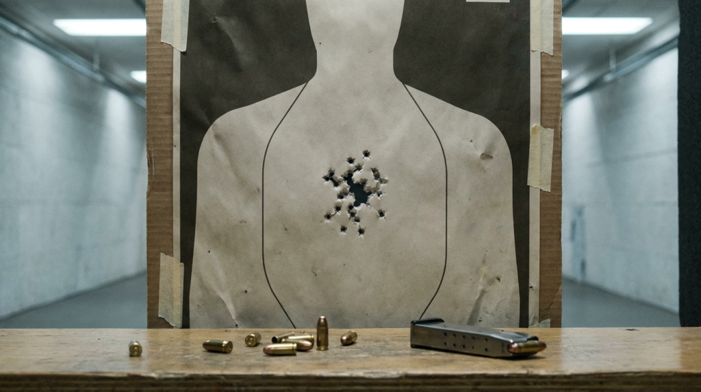Kimber Micro 9 Review (2026): The Prettiest Pocket 9mm, Tested 6 Silhouette target with a tight 9mm cluster, brass and a magazine on an indoor range bench