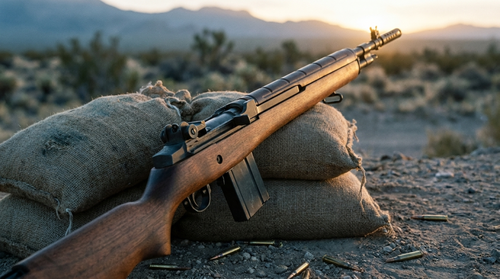 Springfield M1A Review (2026): The Civilian M14, Tested 4 Springfield M1A resting on sandbags on a high-desert berm at dawn