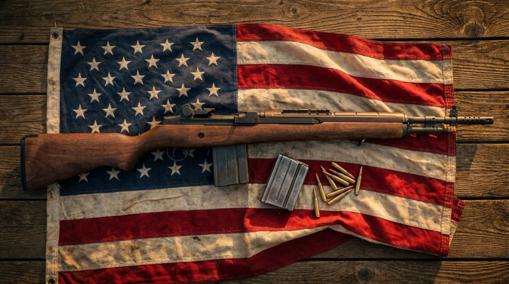 Springfield M1A Review (2026): The Civilian M14, Tested 2 Springfield M1A .308 rifle on a weathered American flag with a 20-round magazine and 7.62 cartridges