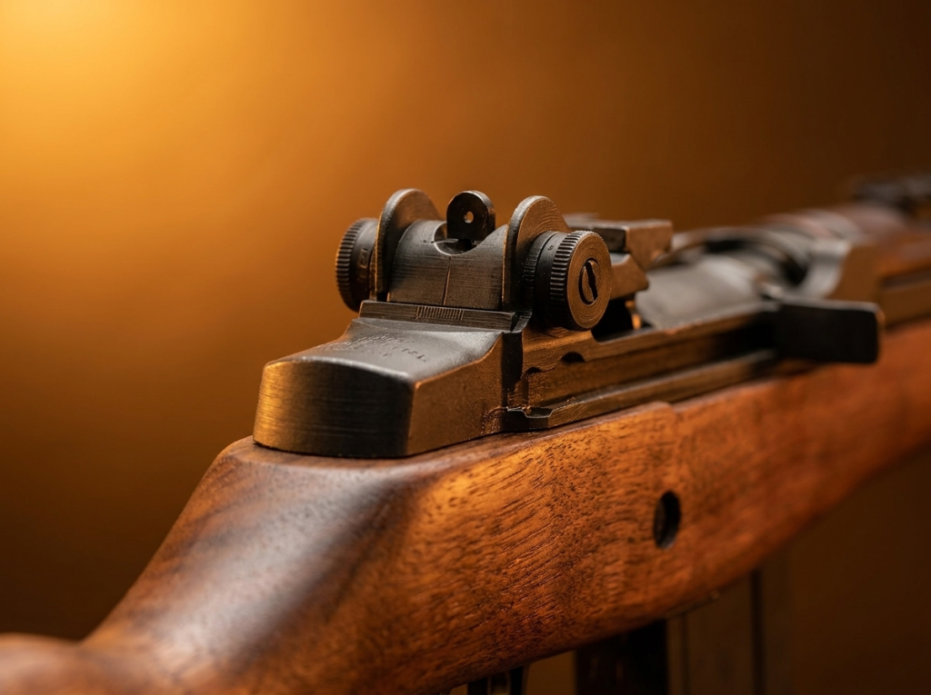 Springfield M1A Review (2026): The Civilian M14, Tested 5 Macro of the Springfield M1A rear aperture sight and receiver on the walnut stock