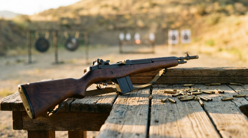 Springfield M1A Review (2026): The Civilian M14, Tested 3 Springfield M1A on a wooden range bench with steel targets downrange and scattered 7.62 brass