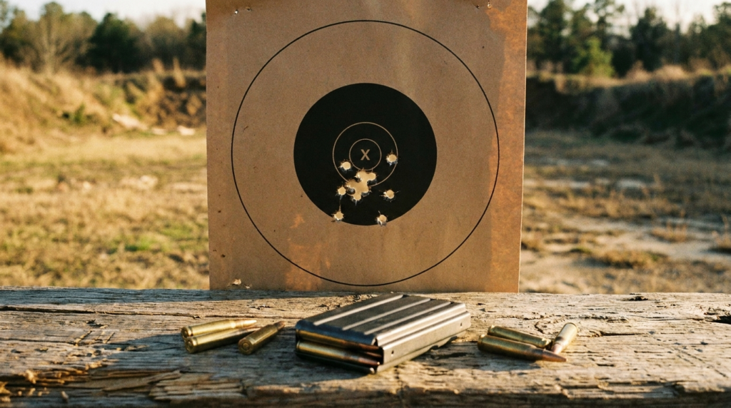 Springfield M1A Review (2026): The Civilian M14, Tested 6 Bullseye target with a tight .30-caliber cluster, a 20-round magazine and 7.62 brass on a range bench