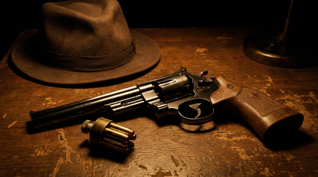 Smith & Wesson Model 29 Review (2026): Dirty Harry's .44 Magnum, Tested 2 S&W Model 29 on a detective desk with a fedora and a .44 speedloader in film-noir light