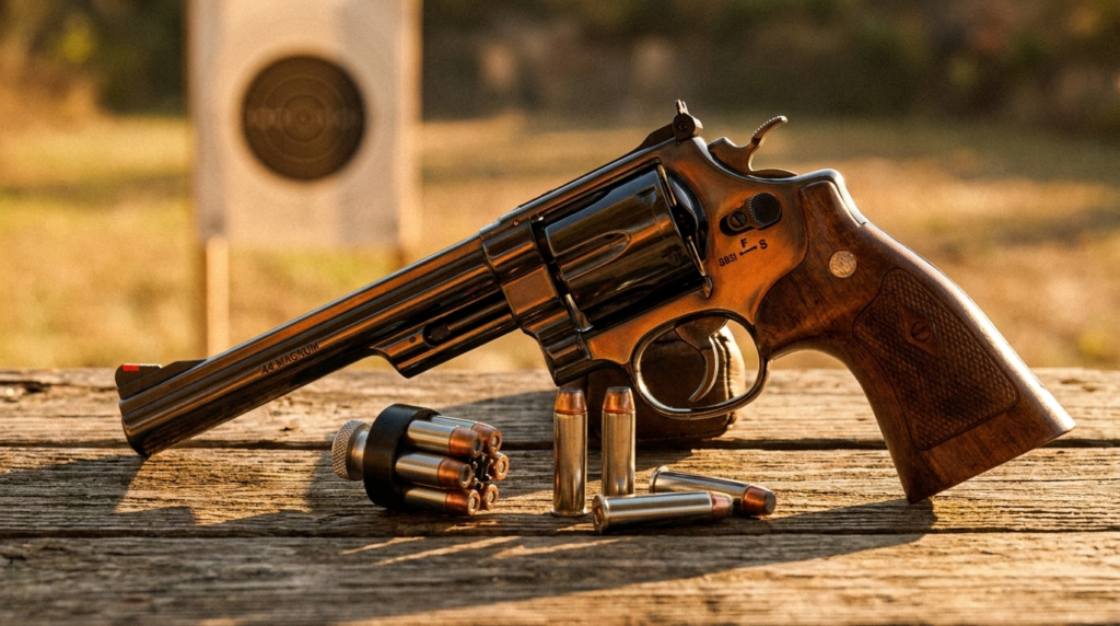 Smith & Wesson Model 29 Review (2026): Dirty Harry's .44 Magnum, Tested 3 S&W Model 29 on a wooden range bench with a bullseye target downrange and a .44 speedloader