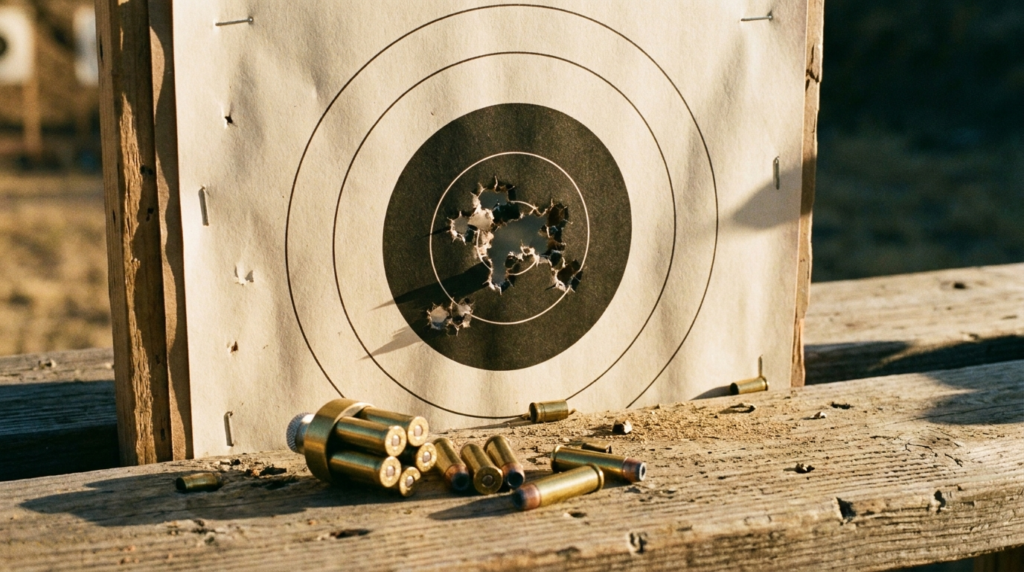 Smith & Wesson Model 29 Review (2026): Dirty Harry's .44 Magnum, Tested 6 Bullseye target with a big .44 cluster, a speedloader and .44 Magnum cartridges on a range bench