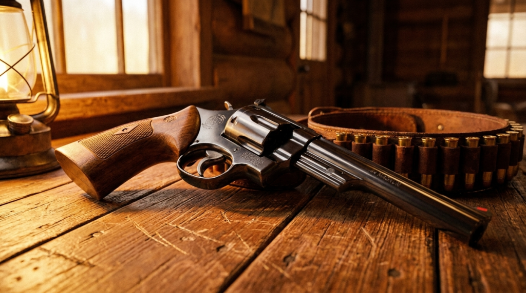 Smith & Wesson Model 29 Review (2026): Dirty Harry's .44 Magnum, Tested 4 S&W Model 29 on a cabin table with a lantern and a leather cartridge belt of .44 rounds