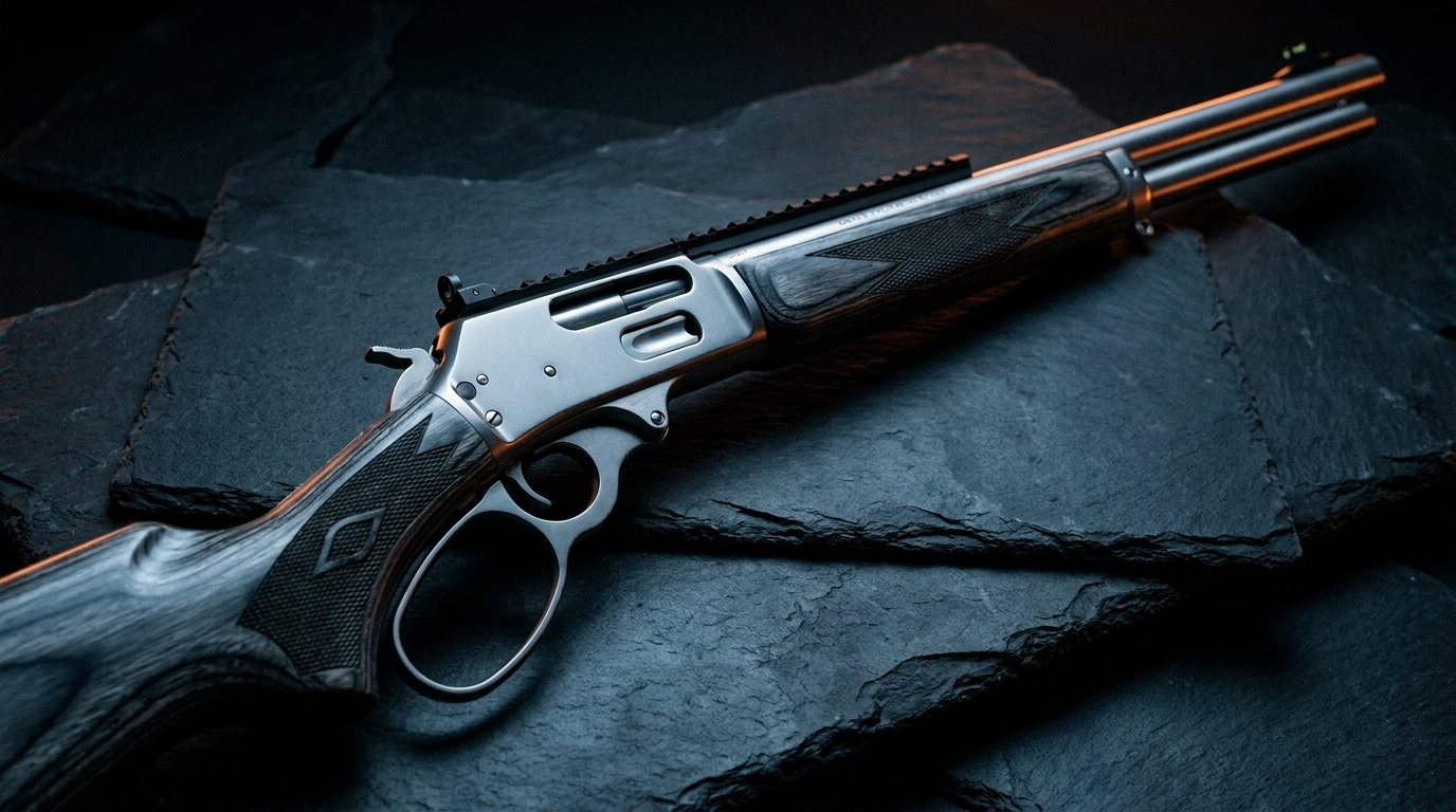 Stainless Marlin 1895 SBL .45-70 lever-action rifle on dark slate in moody studio light