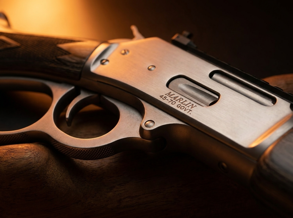 Marlin 1895 SBL Review (2026): The Ruger-Built .45-70, Tested 10 Macro close-up of the stainless receiver, big-loop lever and loading gate of the Marlin 1895 SBL