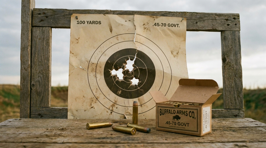 Marlin 1895 SBL Review (2026): The Ruger-Built .45-70, Tested 11 Paper target with a tight three-shot .45-70 group, cartridges and an ammo box on a bench