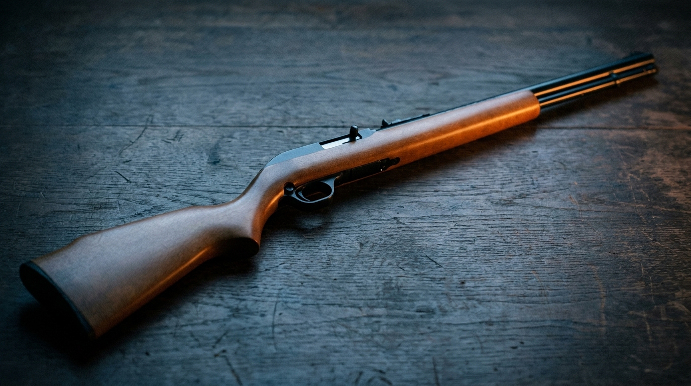 Marlin Model 60 Review (2026): The Best-Selling .22 Ever, Tested 1 Marlin Model 60 .22 LR rifle with hardwood stock on dark oak in moody light
