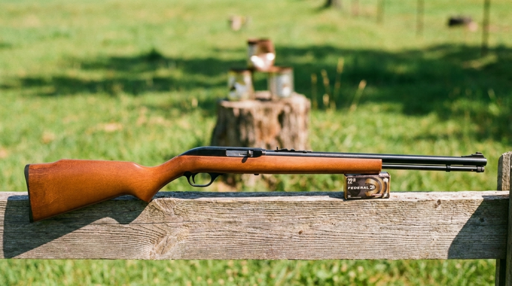Marlin Model 60 Review (2026): The Best-Selling .22 Ever, Tested 2 Marlin Model 60 .22 rifle on a farm fence rail with tin cans on a stump downrange