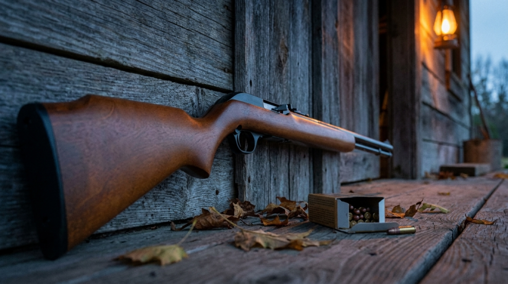Marlin Model 60 Review (2026): The Best-Selling .22 Ever, Tested 4 Marlin Model 60 leaning on a weathered barn porch at dusk with a box of .22 ammo