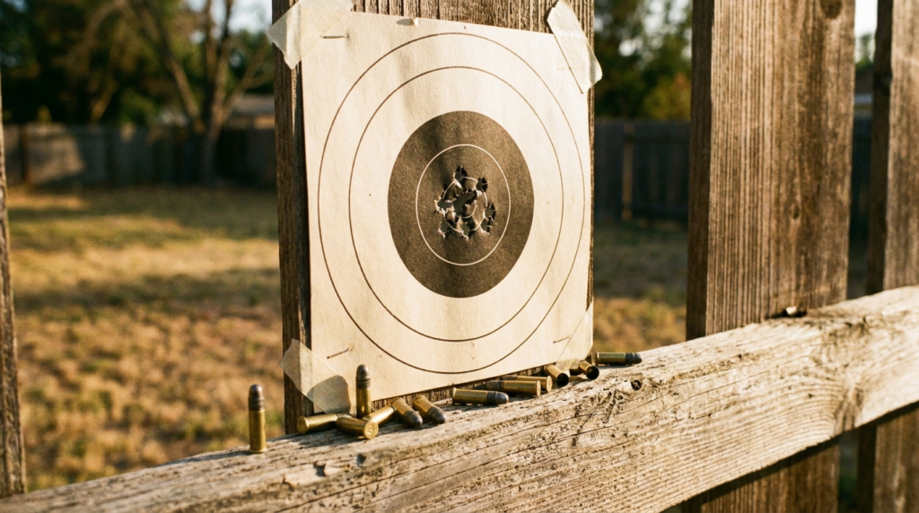 Marlin Model 60 Review (2026): The Best-Selling .22 Ever, Tested 6 Bullseye target with a tight one-hole .22 cluster and cartridges on a fence rail