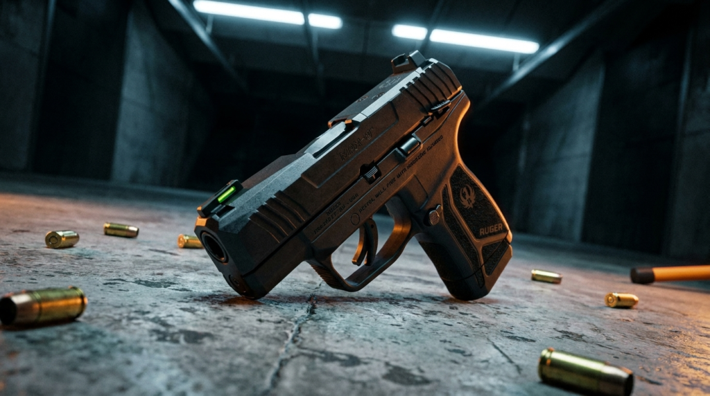 Ruger Max-9 Review (2026): The Micro-9 Value King, Tested 5 Low dramatic angle of the Ruger Max-9 on the concrete floor of an indoor range bay at night