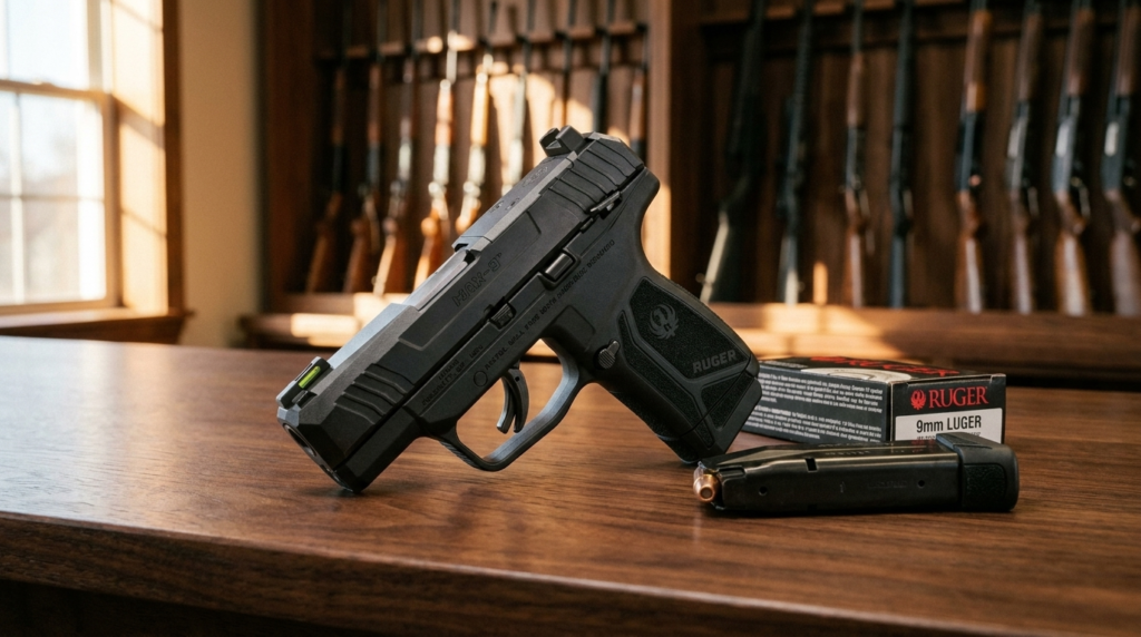 Ruger Max-9 Review (2026): The Micro-9 Value King, Tested 2 Ruger Max-9 9mm pistol on a walnut gun-shop counter beside a magazine and a box of 9mm