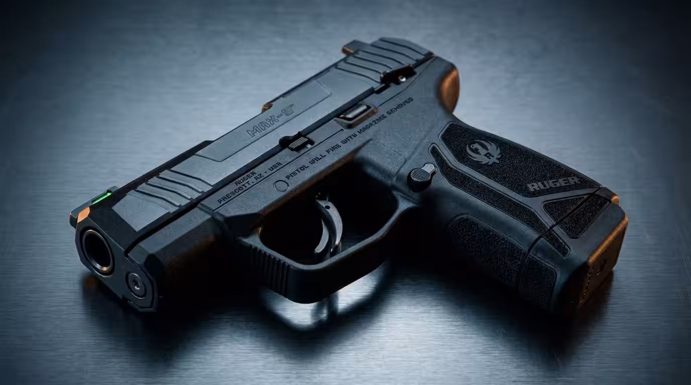 Ruger Max-9 Review (2026): The Micro-9 Value King, Tested 1 Black Ruger Max-9 micro-compact 9mm pistol on a dark brushed-steel surface in moody studio light