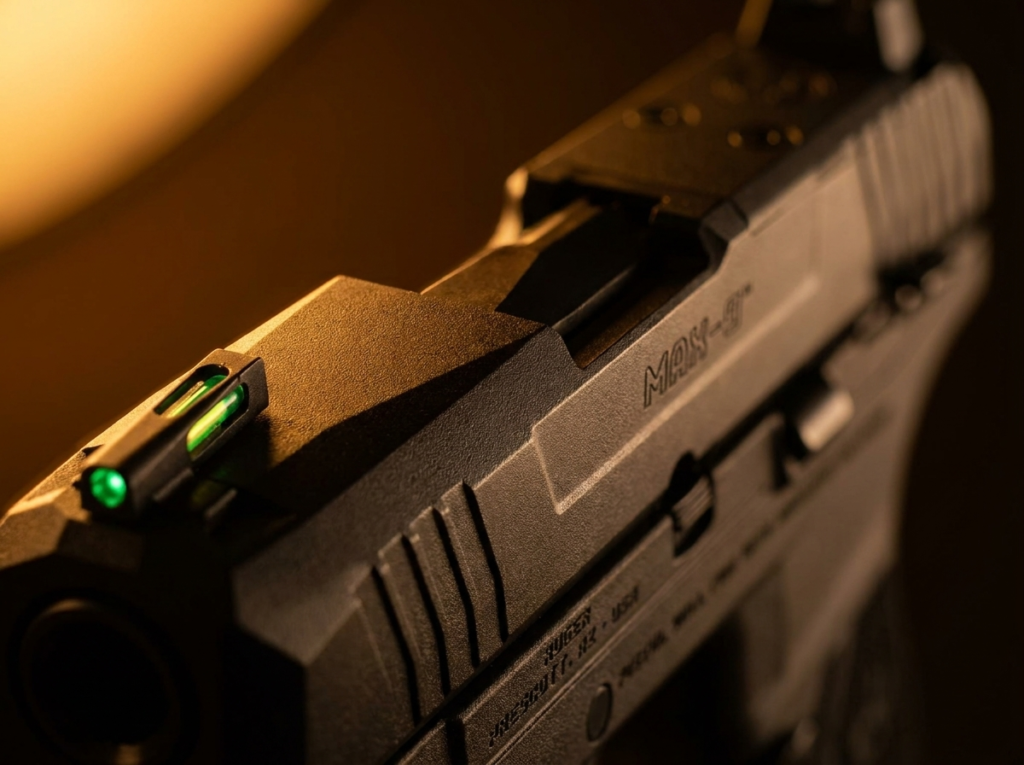 Ruger Max-9 Review (2026): The Micro-9 Value King, Tested 6 Macro close-up of the Ruger Max-9 grip texture and green tritium fiber-optic front sight