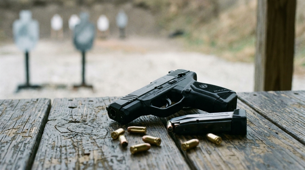 Ruger Max-9 Review (2026): The Micro-9 Value King, Tested 4 Ruger Max-9 carry pistol resting on a wooden shooting bench at an outdoor range