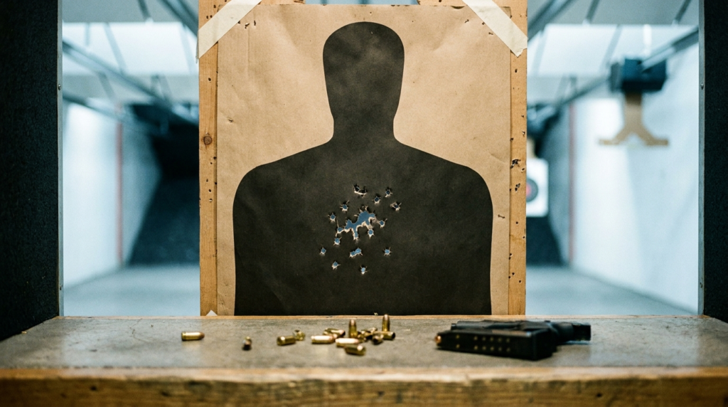 Ruger Max-9 Review (2026): The Micro-9 Value King, Tested 7 Paper silhouette target with a defensive-accurate cluster of 9mm holes, spent brass and a magazine on a bench
