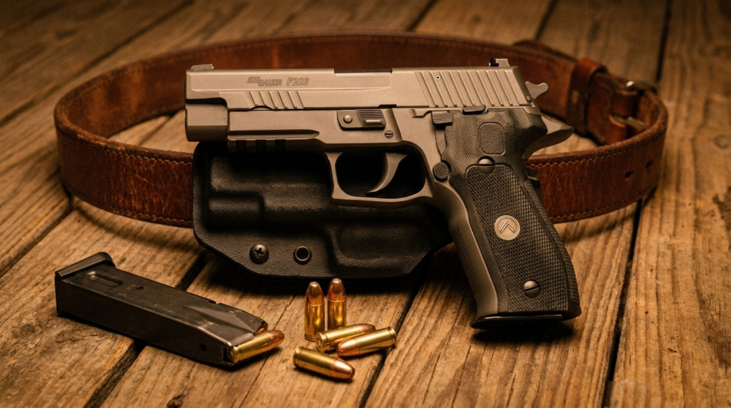 SIG P226 Review (2026): The DA/SA Benchmark, Tested 2 SIG P226 Legion on a leather belt and kydex holster with a spare magazine and 9mm cartridges