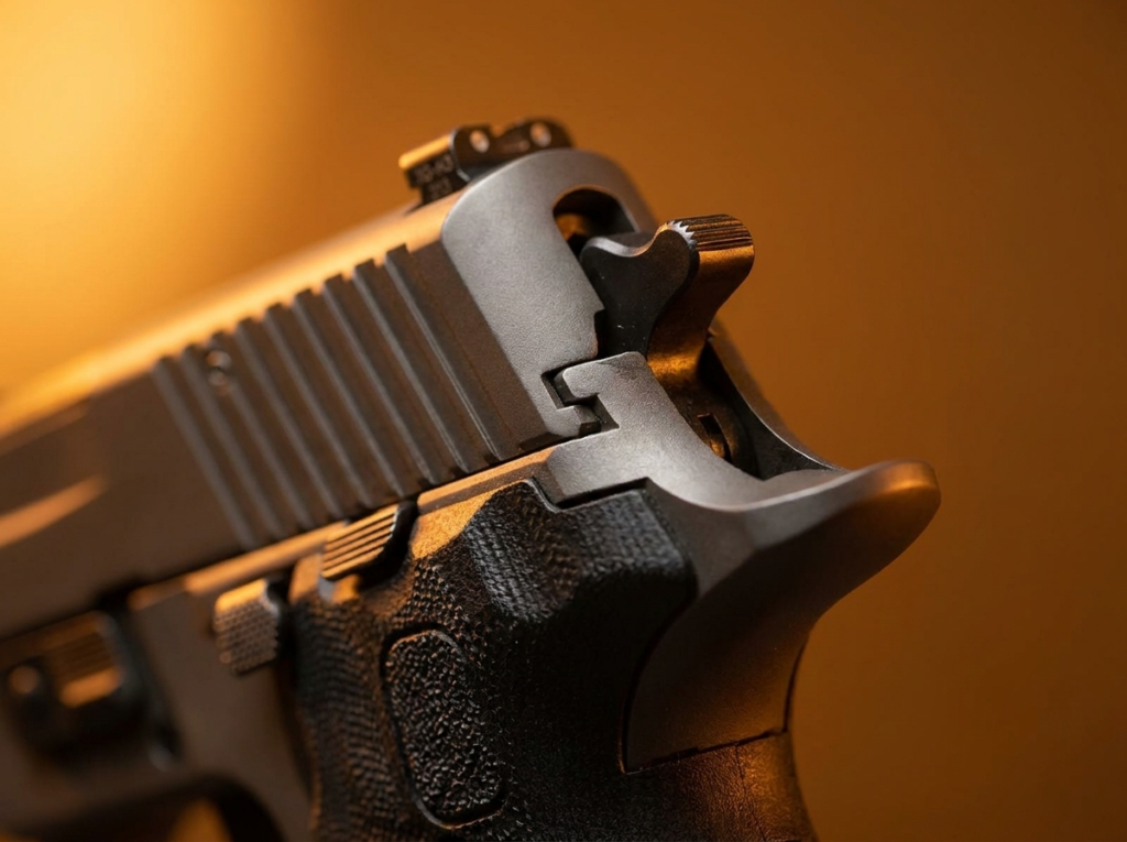 SIG P226 Review (2026): The DA/SA Benchmark, Tested 5 Macro of the SIG P226 hammer, decocker and slide serrations over the G10 grip
